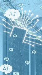Poster - Animation of ai data processing and icons over computer servers