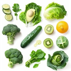 Poster - Green vegetables and fruits are lying on a white background, forming a beautiful pattern