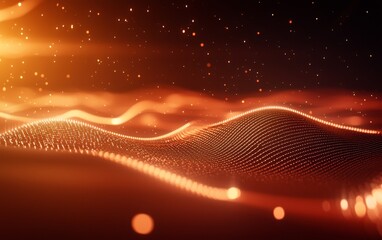 Fototapete - Flowing orange digital wave with glowing particles and abstract light effects creating a futuristic, dynamic, and vibrant technology-inspired scene.