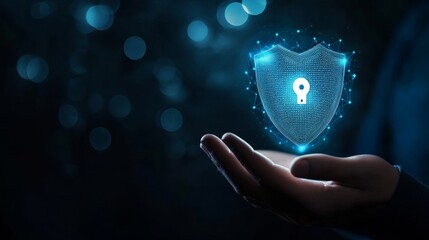 Poster - A glowing digital shield with a keyhole symbol floats above an open hand, symbolizing cybersecurity and data protection in a futuristic blue-toned setting.