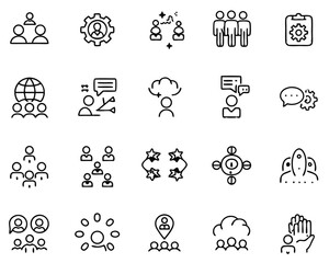 Poster - Abstract representation of a group of people engaged in a collaborative conversation conveying ideas and communication through stylized figures and speech bubbles