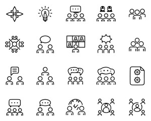 Poster - Stylized graphic representation of a group of individuals engaged in conversation conveying collaboration and communication through distinct visual elements and speech bubbles