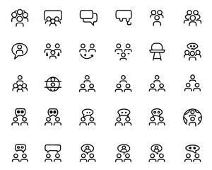 Poster - Collection of stylized graphic symbols representing individuals engaged in collaborative conversation and idea sharing suitable for digital platforms and presentations