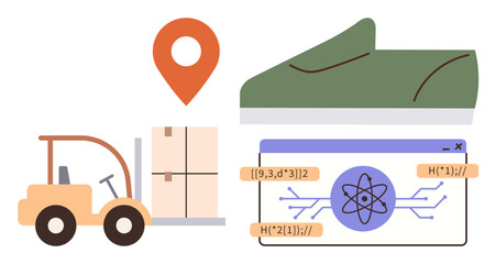 Aufkleber - Forklift carrying boxes, map pin for location, athletic shoe, and AI interface highlight logistics, technology, and sustainable design. Ideal for AI, logistics, shipping delivery sustainability