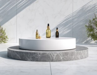 Poster - Elegant modern minimalistic display platform with glass bottles on marble surface in bright natural light behind a white textured wall
