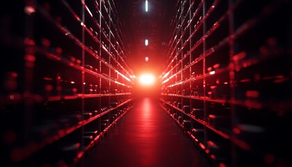 Poster - A futuristic corridor with glowing red lights and reflective surfaces, leading to a bright light source at the end, creating a sci-fi atmosphere.
