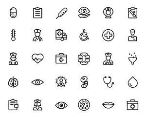 Poster - Comprehensive collection of clean modern line graphics representing various aspects of healthcare and medical administration suitable for digital platforms and print materials
