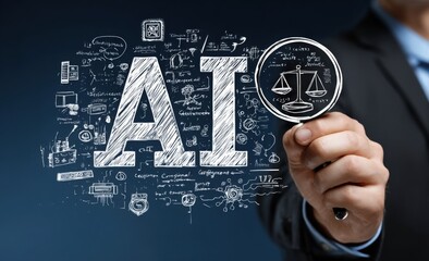 Poster - Professional Businessman Holding Magnifying Glass Over Bold A I Letters and Financial Legal Scales Concept with Digital Icons and Data Visuals