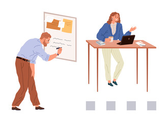 Poster - Two colleagues exchanging ideas, one writing on a whiteboard, the other at a desk with a laptop. Ideal for teamwork, brainstorming, planning, coworking, education, office culture productivity