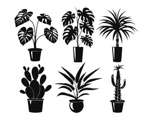 Poster - Collection of elegant black and white botanical outlines showcasing various potted indoor greenery for home decor and design projects