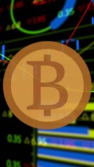 Poster - Animation of bitcoin over financial data processing on black background