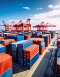 Shipping containers stacked at busy seaport terminal with cranes loading cargo