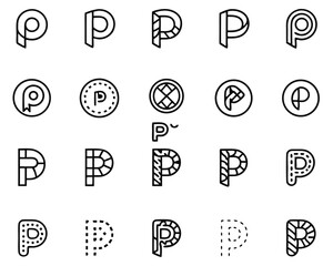 Poster - Creative alphabet letter p emblem design template featuring a collection of graphic symbols and artistic elements in vibrant color combinations