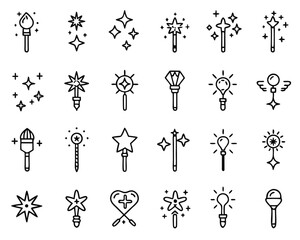 Poster - Collection of thin line art magic wand symbols for creative projects featuring enchanting designs and whimsical elements for fantasy themes and mystical concepts