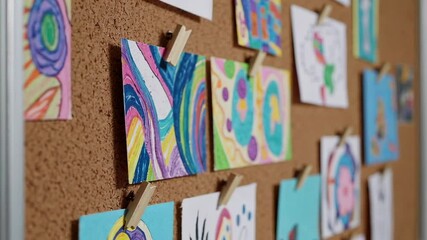 Poster - Wooden clothespins secure vibrant, child created artwork to a corkboard, showcasing a diverse array of colors and designs in a classroom setting