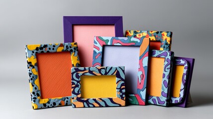 Poster - Row of colorful frames with a variety of patterns and designs. The frames are arranged in a neat row, with some being larger than others. Scene is cheerful and playful, with the bright colors