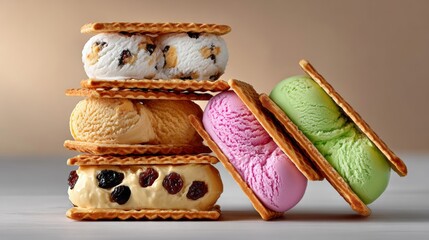 Poster - Stack of ice cream sandwiches with different flavors. The sandwiches are piled on top of each other, with the bottom one being a strawberry and cream sandwich