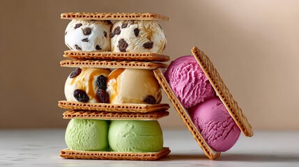 Poster - Stack of waffle cookies with ice cream in the middle. The cookies are green, brown, and pink