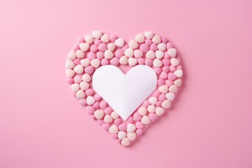 Poster - Small heart shaped candies forming a larger heart shape framing a blank white heart on a pink background, creating a romantic and sweet valentine's day concept