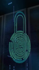 Poster - Animation of padlock with biometric fingerprint and data processing over black background