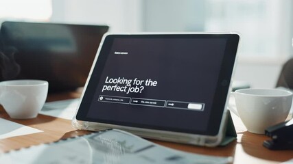 Poster - Empty office, tablet and screen on desk for HR ad, hiring and recruitment website. Display, digital technology and information online for human resources application, job search or career opportunity