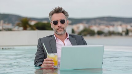 Poster - Man in a suit is sitting in a pool with a laptop and a drink. The scene is relaxed and casual, with the man enjoying his time in the water while working on his laptop