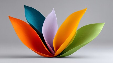 Poster - Colorful flower made of paper is displayed on a gray background. The flower is made up of different colored petals, including green, yellow, and purple