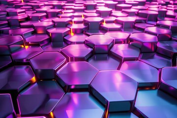 Aufkleber - Metallic purple hexagonal surface glowing with neon lights, creating a futuristic and technological background