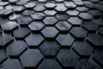 Poster - Abstract background showing dark hexagonal surface with slight imperfections creating futuristic pattern