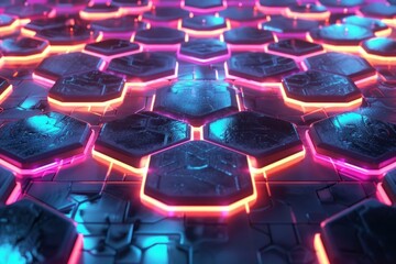 Aufkleber - Glowing neon lights illuminating a futuristic hexagonal surface, creating a vibrant technological background