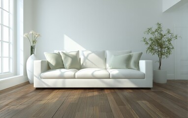Fototapete - Bright minimalist living room with white sofa neutral cushions large window natural light hardwood floor modern interior design