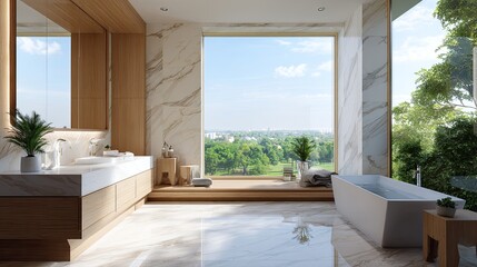 Poster - Elegant Modern Bathroom with Panoramic View of Lush Landscape