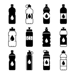 Poster - Collection of twelve black and white water bottle icons with a water drop symbol on each bottle design