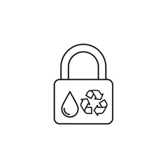 Poster - Outline icon of a padlock with a water drop and a recycle symbol on the front in black and white