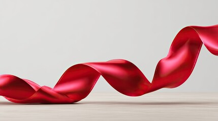 Poster - Elegant Red Ribbon Flowing Gracefully on a Light Wooden Surface