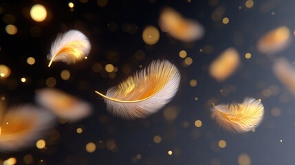 Poster - Graceful Golden Feathers Floating in a Dreamy Bokeh Background