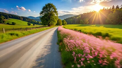 Wall Mural - Scenic road lined with blooming pink wildflowers, green pastures, and trees illuminated by a warm sunset