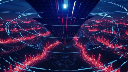 Poster - Abstract futuristic landscape with blue and red geometric patterns  