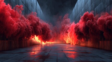 Poster - Red smoke in urban corridor abstract background dramatic lighting
