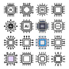 Fototapete - Computer cpu icon set. AI cpu set. Electronic cpu with AI. Artificial intelligence icon. Vector