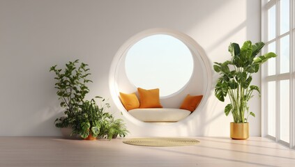 Poster - Modern minimalist white circular window nook with cozy seating area surrounded by green potted plants and natural sunlight