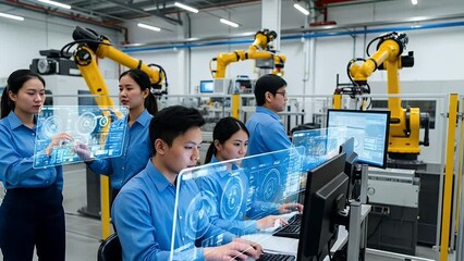 Futuristic factory floor with workers using holographic displays