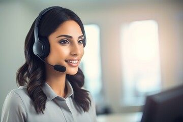 Poster - Smiling indian woman working as call center operator is using headset and looking at computer screen