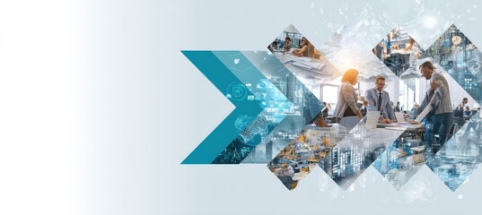 Aufkleber - Modern digital technology concept with abstract geometric shapes emphasizing innovation and collaboration in a futuristic workspace scene