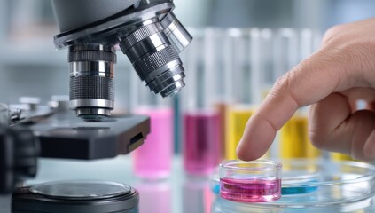 Poster - Highly detailed close-up of a person's finger touching a test tube with pink liquid in a modern science laboratory with microscope and colorful test tubes