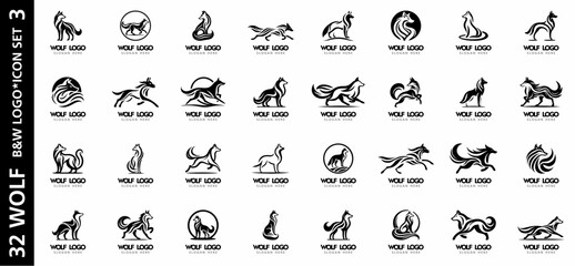 Naklejka na meble Set of 32 black and white vector wolf logos with stylized standing, sitting, and running poses. Perfect for branding, identity, and creative design.