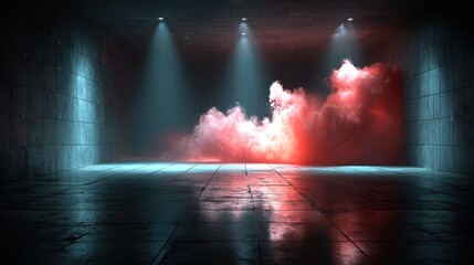 Poster - Red cyan smoke in dark room with spotlights