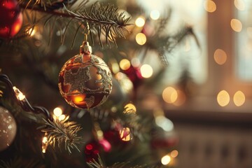 Poster - Golden christmas ball hanging on christmas tree with lights creating warm atmosphere
