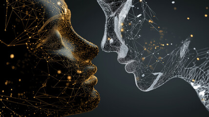 Leinwandbilder - Digital faces composed of interconnected lines and particles face each other, symbolizing intersection of technology and human emotion. abstract design highlights complexity of AI and virtual