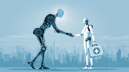 Poster - Futuristic scene depicts two robots shaking hands against cityscape backdrop, symbolizing collaboration in AI healthcare. One robot holds medical briefcase, highlighting AI role in medicine